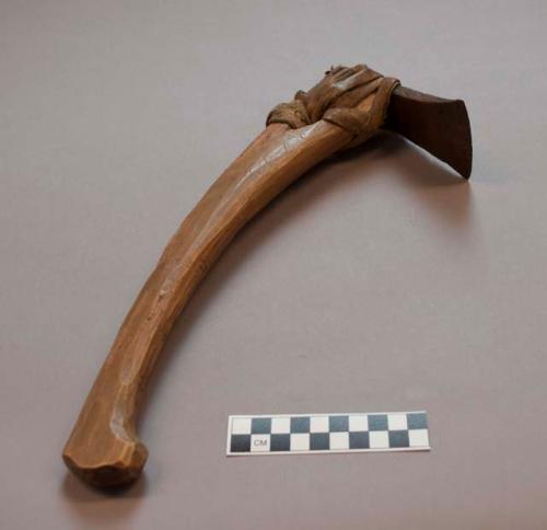 Adze. "Chopping axe - copper blade and wooden handle". 34x12.5x6 cm.