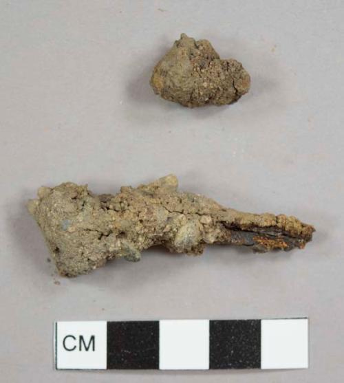 Oxidized metal fragments, including one nail