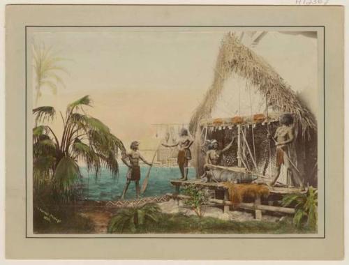 Three men and a woman next to a hut on the shoreline