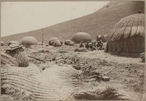 Group of people among huts