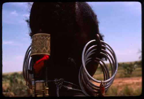 Bororo woman's earrings and hair decorations from behind - Niger

