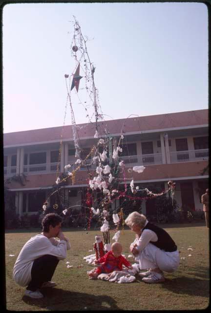 Adele and Adelaide deMenil with Caleb - Christmas 84 in Clark Hotel Garden - India
