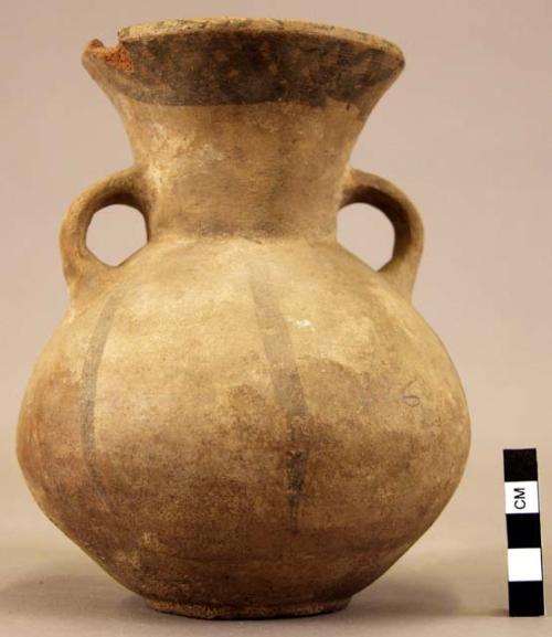 Pottery vessel with 2 handles and designs on body