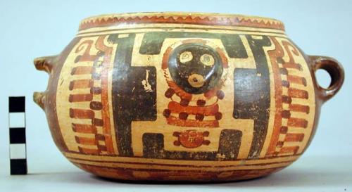 Yojoa polychrome 2-handled pottery jar. Bold animalistic style.