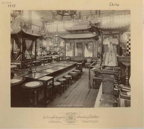 Centennial International Exhibition 1876 Chinese exhibit main building variety of end tables, silks, vases, and furniture