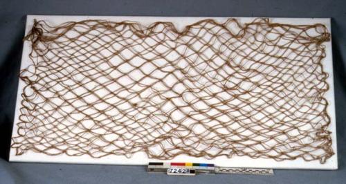 Salmon dip net. Made of woven hemp (Apocynum) fiber fastened to long oval frame