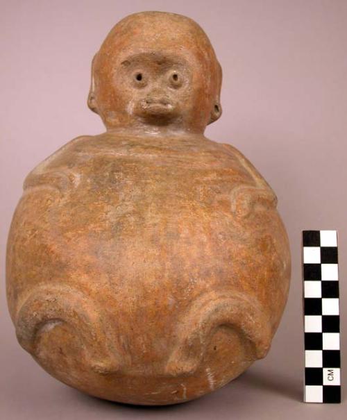 Ceramic jar, molded monkey effigy, round body & base, buff