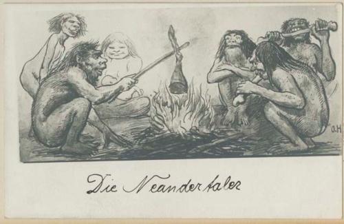 Caricature of Neanderthals cooking and eating around a fire