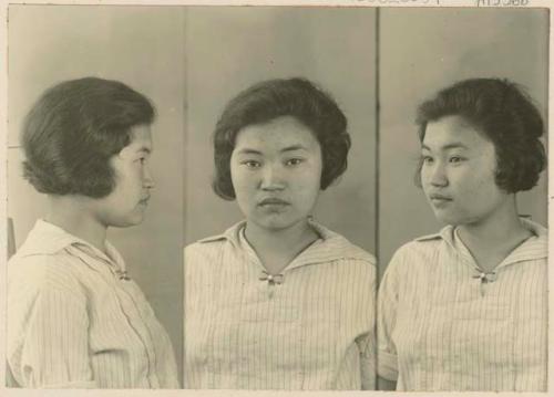 Studio portrait of a woman, three views