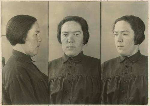 Studio portrait of a woman, three views