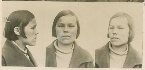 Studio portrait of a woman, three views