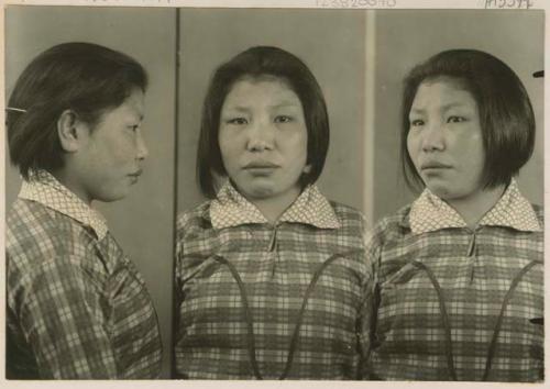 Studio portrait of a woman, three views