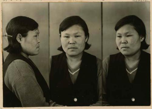 Studio portrait of a woman, three views