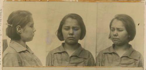 Studio portrait of a woman, three views