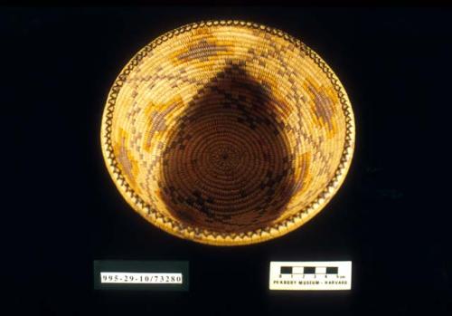 Coiled bowl-shaped basket with yellow and purple diamond motif
