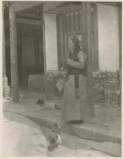 High born lady smoking a pipe with two dogs