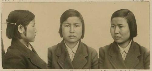 Studio portrait of a woman, three views