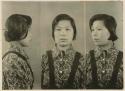 Studio portrait of a woman, three views