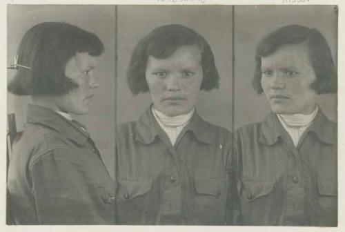 Studio portrait of a woman, three views