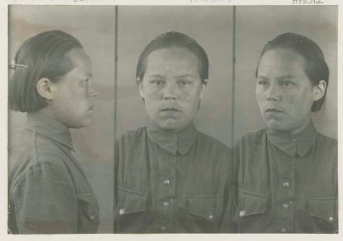 Studio portrait of a woman, three views