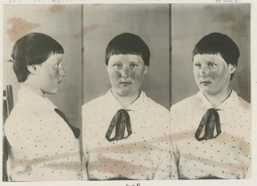 Studio portrait of a woman, three views