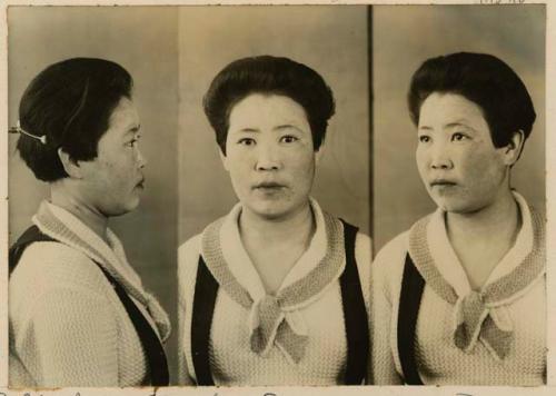 Studio portrait of a woman, three views