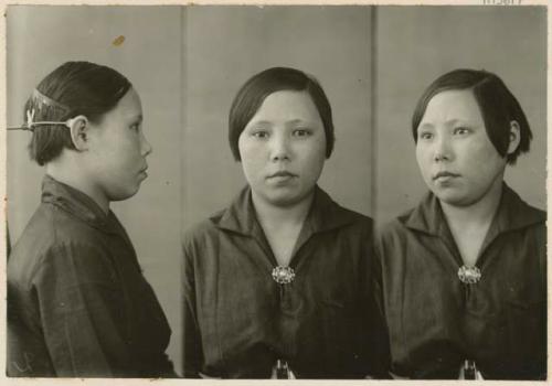 Studio portrait of a woman, three views