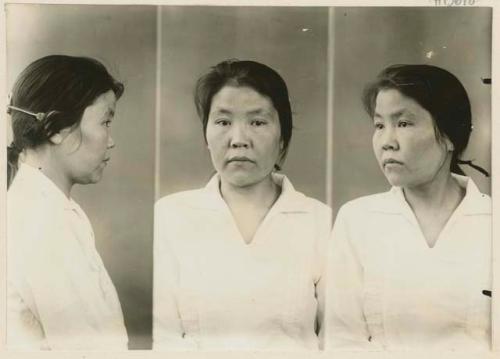 Studio portrait of a woman, three views