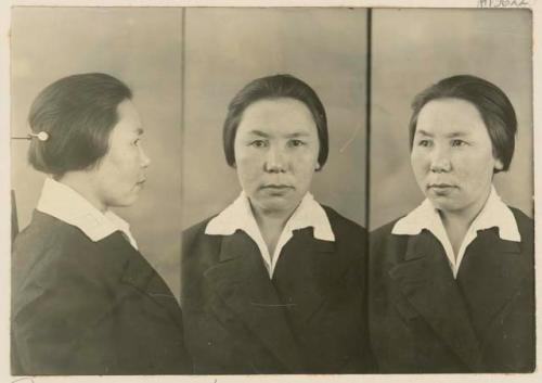 Studio portrait of a woman, three views