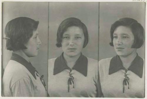 Studio portrait of a woman, three views