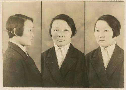 Studio portrait of woman, three views