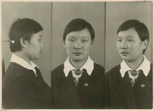 Studio portrait of woman, three views