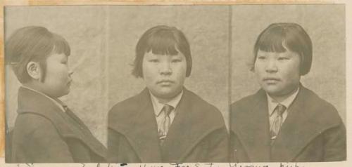 Studio portrait of a woman, three views