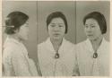 Studio portrait of a woman, three views