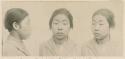 Studio portrait of a woman, three views