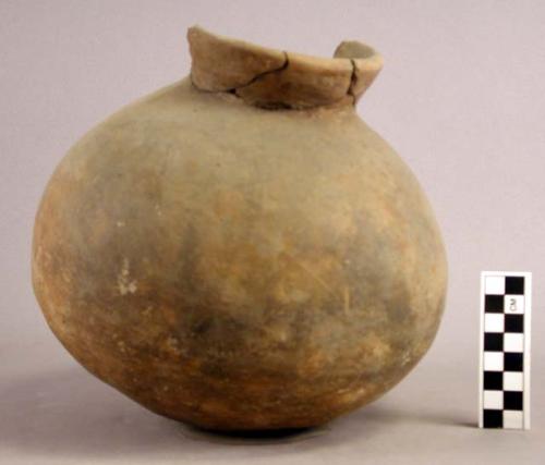 Round brown pottery jar - neck broken