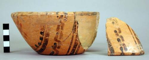 Polychrome pottery bowl with linear design