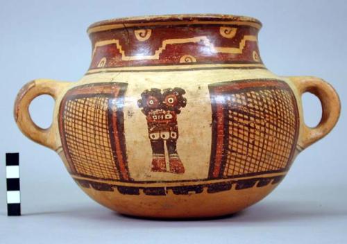 Yojoa polychrome pottery jar, dimpled base & 2 handles - Bold Geometric Type