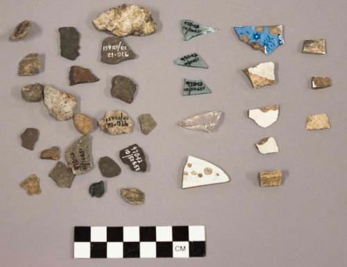 Glass, pottery, quartz, chipping waste