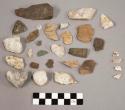 27 chips quartz & limestone; 3 chips stone; 57 chips stone; 4 frags bone-like ma