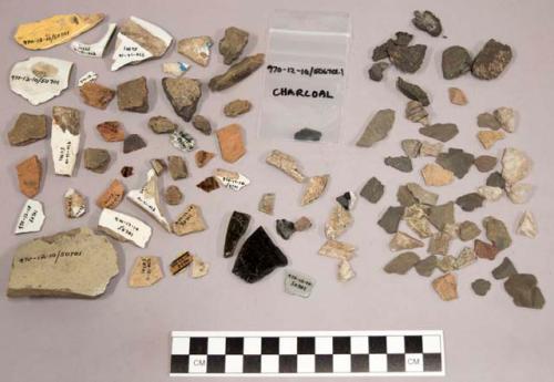 25 pottery, 1 pottery fragment, 3 glass, 2 potsherds with blue glaze, coal-like