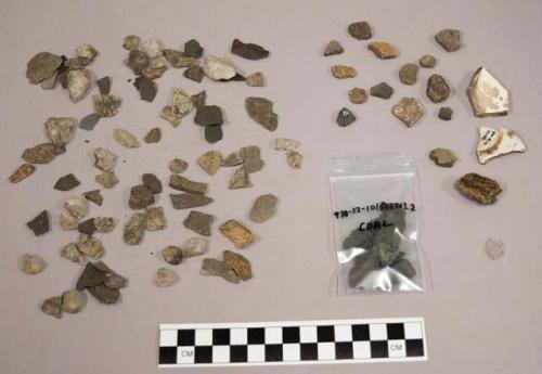 Chipping waste, quartz, coal, graphite?, historic pottery, pottery sherds