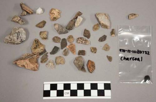 45 stone chips; piece stone labeled n7e1 39; piece charcoal; piece bone; 20 piec