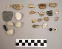 Chipping waste, quartz, bone, buttons, pottery, pottery sherds
