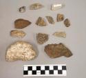 17 stone chips; 10 pieces quartz, & quartz-like material; 2 quartz frags labeled