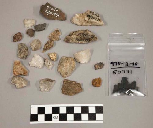 69 chips quartz & limestone; 115 frags stone; fragments charcoal; fragments pott