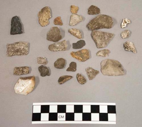 108 chips stone; 5 frags bone; 1 fragment pottery; 62 chips limestone & quartz