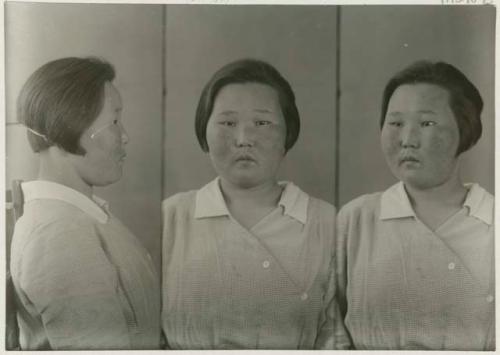 Studio portrait of a woman, three views