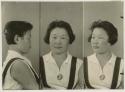 Studio portrait of a woman, three views