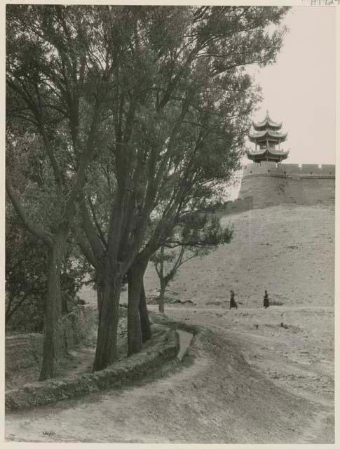 Tree lined irrigation canal with watch tower in the distance